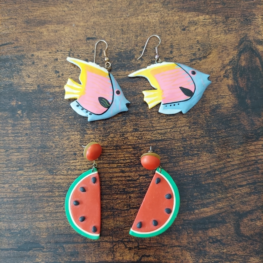 Earrings- 2 Pair - Fish & Watermelon